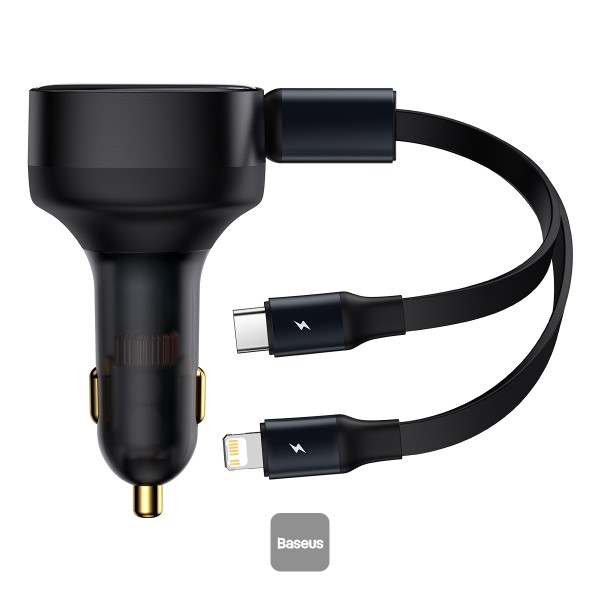 BASEUS CARGADOR DE CARRO CON CABLE  TIPO C Y LIGHTNING BLACK